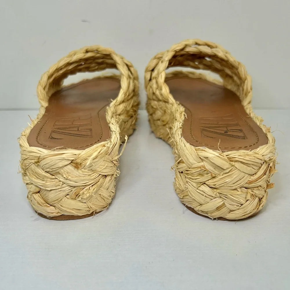 Zara Raffia Braided Platform Neutral Cream Tan Sandals Size 37